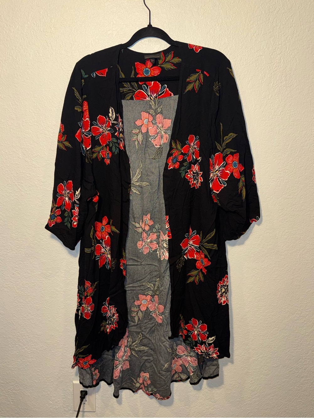SHAYANNE Red Floral Print Kimono Longline Layering Top Country Western NEW XL
